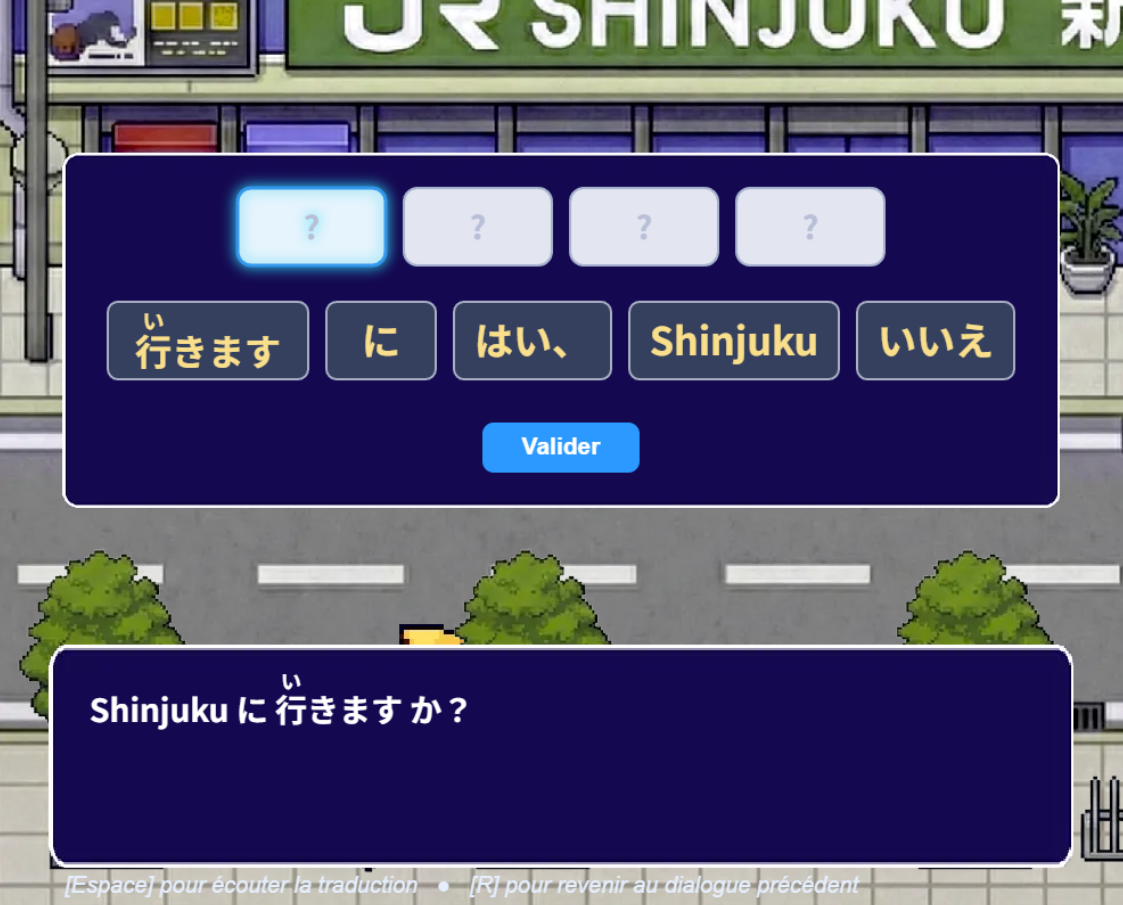 Exercice en jeu : choisir le bon mot japonais