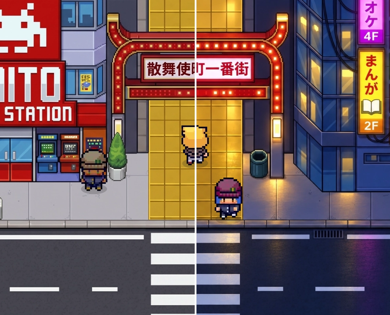 Day and night comparison of the same Tokyo location in NIHONGO DX7