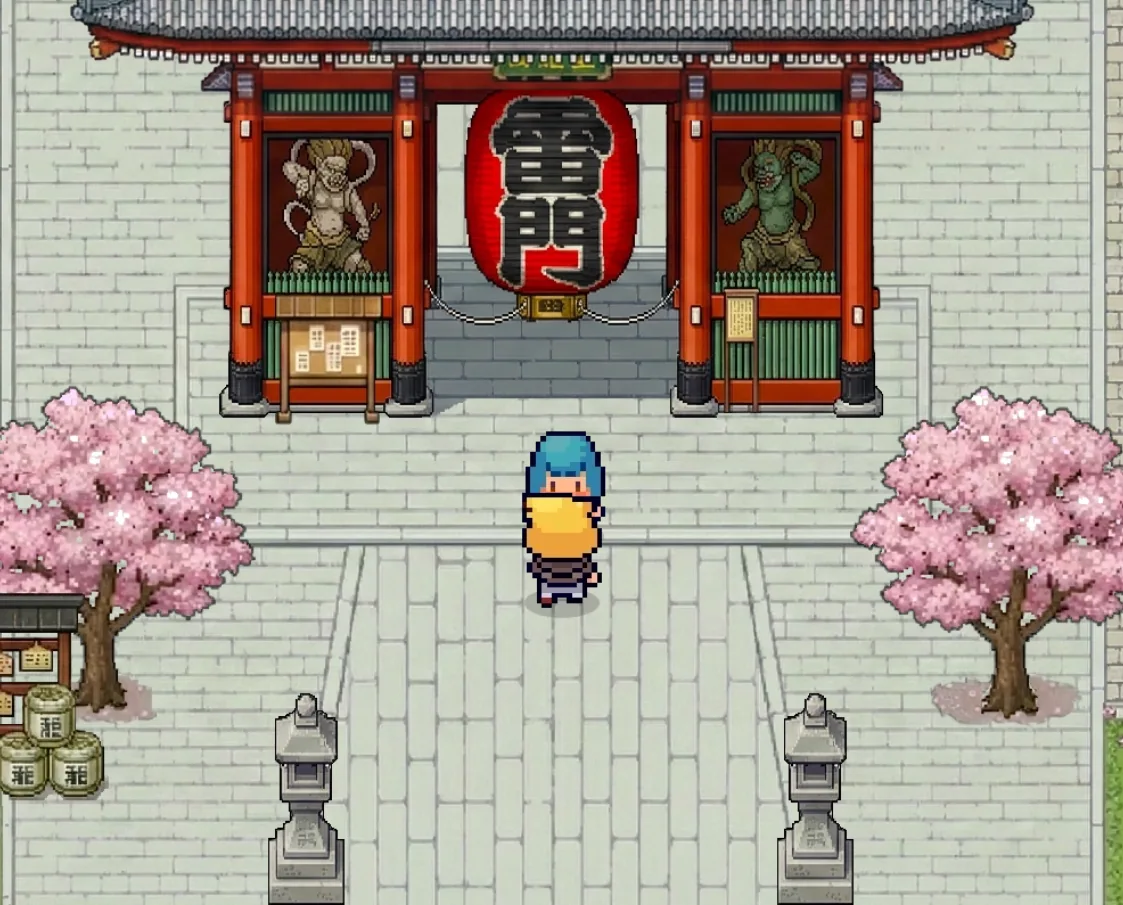 Gameplay screenshot in Asakusa in front of the temple gate